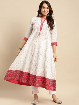 Rangita - Women Cotton Off White Contrast Placket Ikat Printed Calf Length Anarkali Kurta