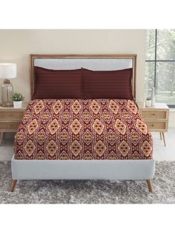 MYTRIDENT - Feather Tales Queen Cotton Bedsheet with 2 Pillow Covers Modern Maroon