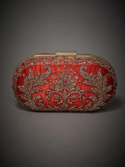 RI.Ritu Kumar - Rust Embroidered Brocade Jamawar Clutch