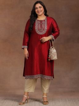 Extra love by Libas - Maroon Embroidered Straight Kurta