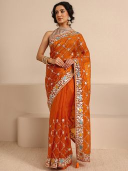 Libas - Orange Embroidered Saree with Unstitched Blouse
