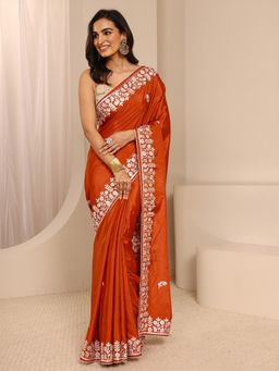 Libas - Rust Embroidered Saree with Unstitched Blouse