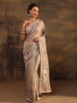 Libas - Taupe Embroidered Saree with Unstitched Blouse