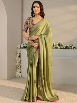 Libas - Olive Solid/Plain Saree with Unstitched Blouse