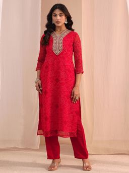 Libas - Red Embroidered Straight Kurta