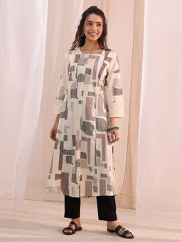 Libas - Beige Printed Straight Kurta
