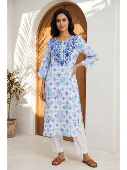 Aurelia - Women’s Off White Floral Printed Pure Cotton Straight Kurta