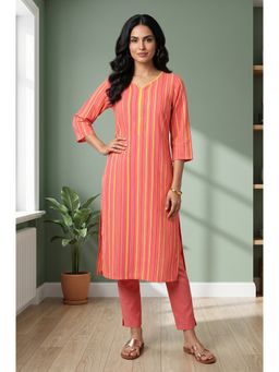 Aurelia - Women’s Coral Yarn Dyed Cotton Blend Straight Kurta