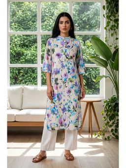 Aurelia - Women’s Cream Floral Printed Cotton Blend Straight Kurta
