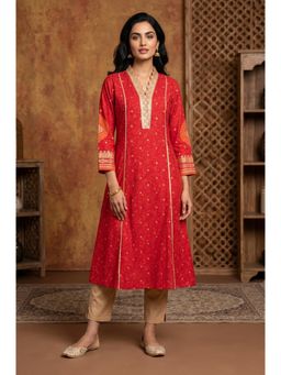 Aurelia - Women’s Red Floral Printed A-Line Kurta