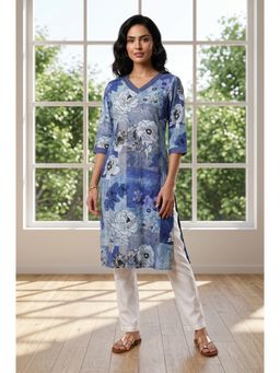 Aurelia - Women’s Blue Floral Printed Rayon Straight Kurta