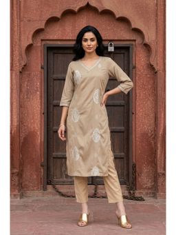 Aurelia - Women’s Beige Embroidered Straight Kurta