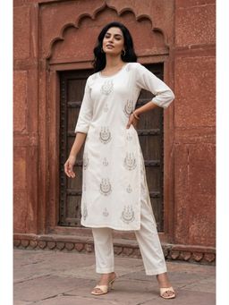 Aurelia - Women’s Off White Embroidered Sequined Straight Kurta