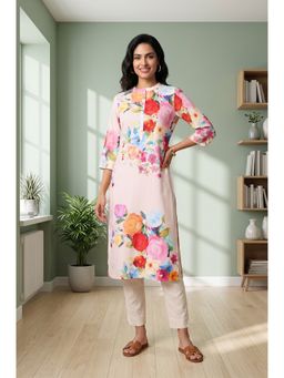 Aurelia - Women’s Pink Floral Printed Rayon Straight Kurta