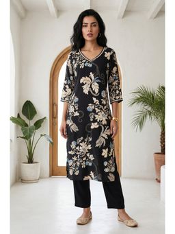 Aurelia - Women’s Black Floral Printed Rayon Straight Kurta