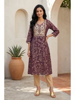 Aurelia - Women’s Purple Floral Printed Thread Embroidered Viscose Blend A-Line Kurta