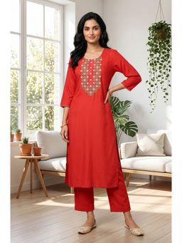 Aurelia - Women’s Red Embroidered Straight Kurta