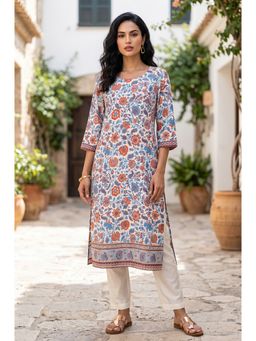 Aurelia - Women’s Off White Floral Printed Rayon Straight Kurta
