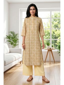 Aurelia - Women’s Mustard Geometric Printed Pure Cotton Straight Kurta
