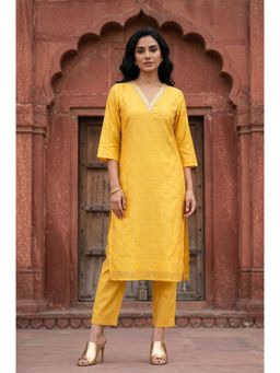 Aurelia - Women’s Mustard Embroidered Sequined Yarn Dyed Straight Kurta