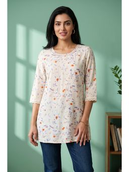Aurelia - Women’s Cream Floral Printed Cotton Blend A-Line Short Tunic