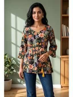 Aurelia - Women’s Black Floral Printed Rayon A-Line Top
