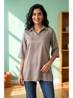 Aurelia - Women’s Taupe Solid Yarn Dyed Satin Straight Tunic
