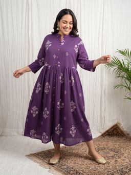 Globus - Women Purple Mandarin Collar Three Fourth Sleeves Floral Print Dress