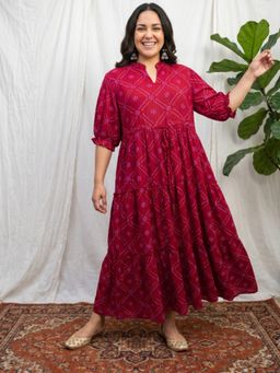 Globus - Women Maroon Mandarin Neck Half Sleeve Print Dress