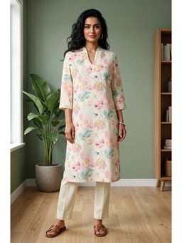 Aurelia - Women’s Off White Floral Printed Cotton Shimmer Straight Kurta