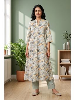 Aurelia - Women’s Grey Floral Printed Pure Cotton Flared Kurta