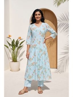 Aurelia - Women’s Blue Floral Printed Pure Cotton Flared Kurta