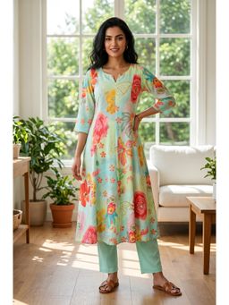 Aurelia - Women’s Mint Green Floral Printed Rayon Flared Kurta