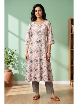 Aurelia - Women’s Off White Floral Printed Rayon Flared Kurta