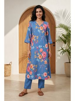 Aurelia - Women’s Blue Floral Printed Straight Kurta