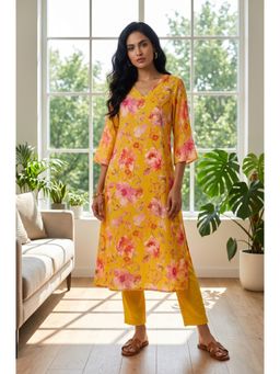 Aurelia - Women’s Mustard Floral Printed Rayon Straight Kurta