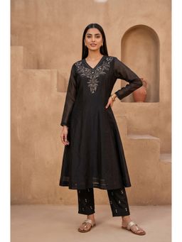 Folksong - Women’s Black Embellished Cotton Silk Flared Kurta