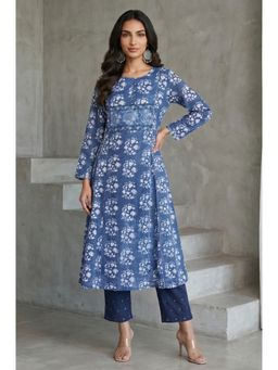 Folksong - Women’s Blue Block Printed Sequins Pure Cotton Flared Kurta