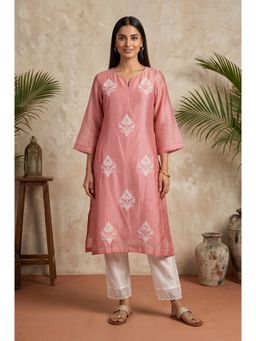Folksong - Women’s Pink Embroidered Cotton Silk Straight Kurta