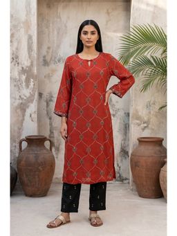 Folksong - Women’s Red Block Printed Modal Satin Straight Kurta