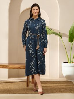 Globus - Women Blue Collar Neck Full Sleeves Floral Printed Dress with Belt