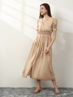 Globus - Women Beige V-Neck Puff Sleeves Dress