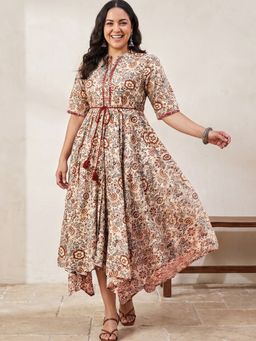 Globus - Women Beige Floral Printed Mandarin Collar Dress with Belt