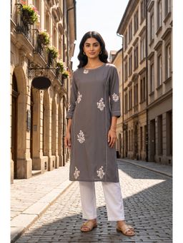 W - Grey Embroidered Rayon Straight Kurta