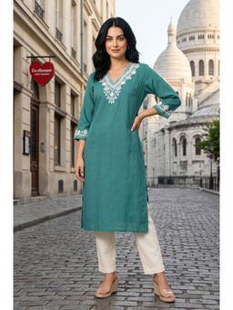 W - Teal Embroidered Rayon Straight Kurta