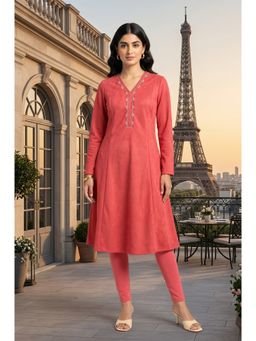 W - Coral Embroidered Suede Flared Kurta