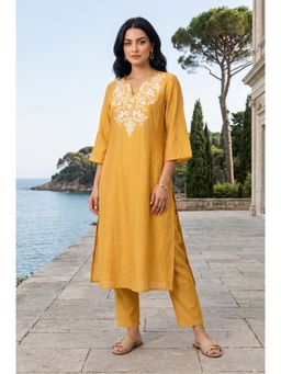 W - Mustard Embroidered Straight Faux Chanderi Kurta
