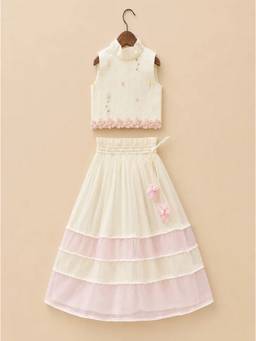 CASA NINOS - Ivory Bloom Embroidered Chanderi Top With Skirt