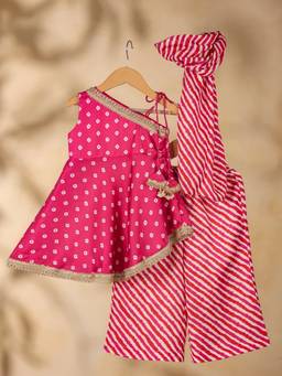 CASA NINOS - Neon Pink Bandhani Leheriya Kurta With Sharara And Dupatta