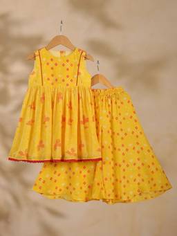 CASA NINOS - Yellow Abstract Print Muslin Kurti With Sharara
